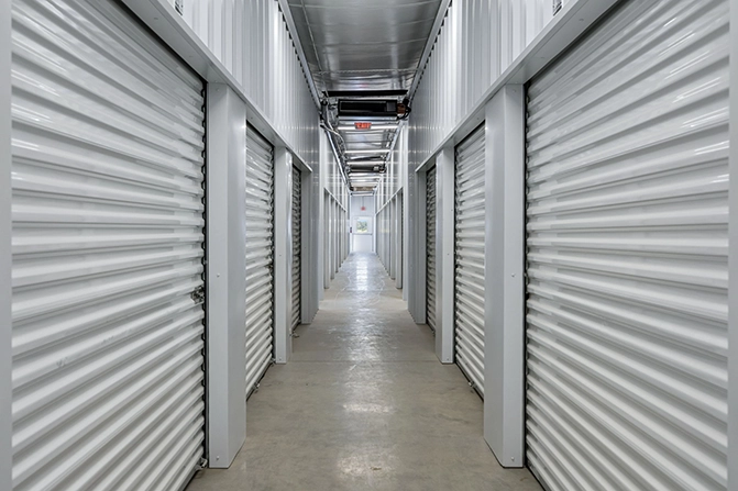 Storage unit hallway with available storage sizes